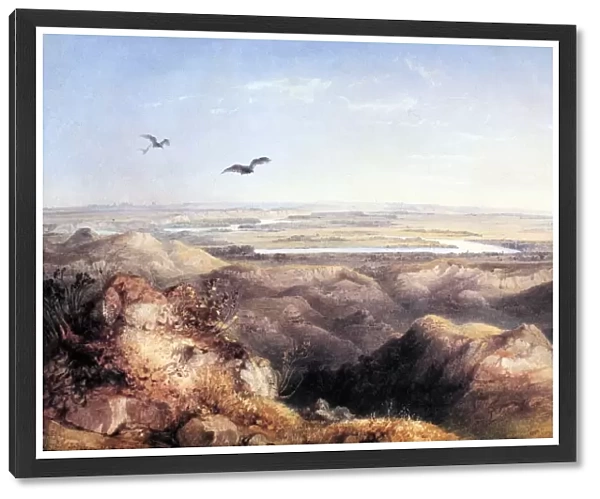 YELLOWSTONE & MISSOURI. Junction of the Yellowstone and the Missouri. Watercolor by Karl Bodmer
