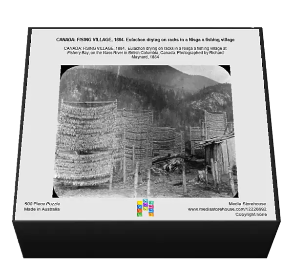 CANADA: FISING VILLAGE, 1884. Eulachon drying on racks in a Nisga a fishing village