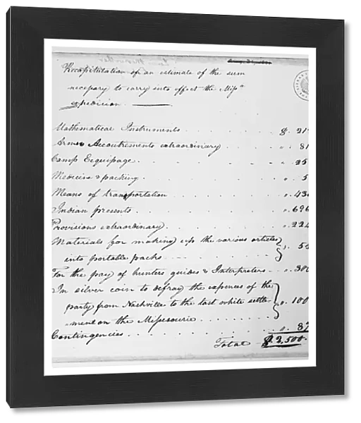 LEWIS: EXPEDITION SUMMARY. Estimate by Meriwether Lewis of the sum necessary to