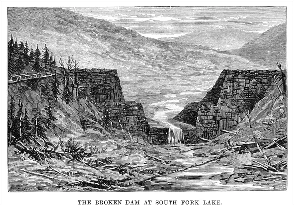 JOHNSTOWN FLOOD, 1889. The broken dam at South Fork Lake. Engraving, 1889