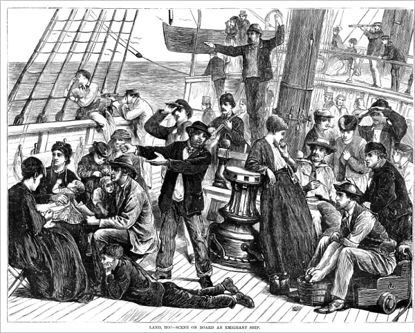 IMMIGRANT SHIP, 1871. Land, Ho! - Scene on Board an Emigrant Ship. Wood engraving