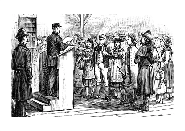 CASTLE GARDEN: 1880. Registering newly arrived immigrants at Castle Garden, New York City