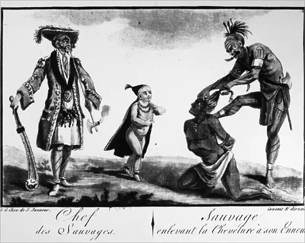 IROQUOIS CHIEF AND WARRIOR. A chief in European dress, a child, and a warrior scalping an enemy