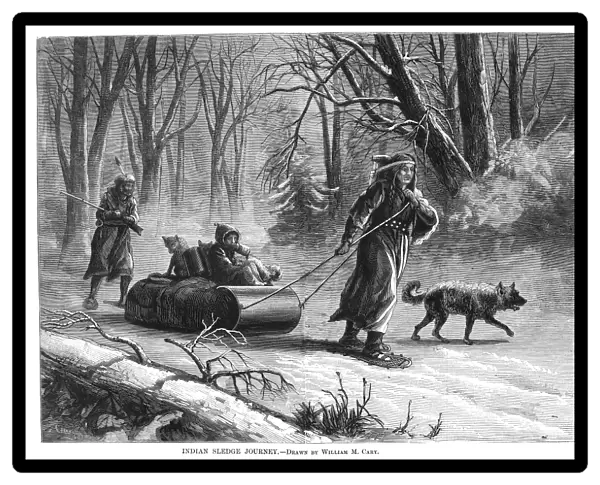 NATIVE AMERICANS: SLED, 1875. A Native American family traveling by sled and snowshoe