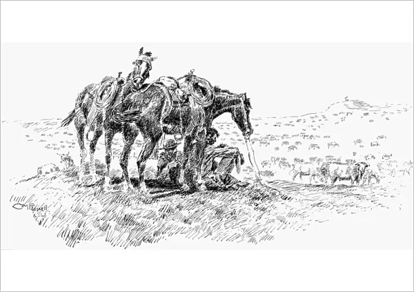 COWBOYS, 19th CENTURY. Time to Talk. Drawing by Charles M. Russell (1864-1926)
