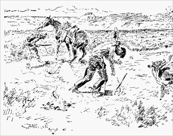 RUSSELL: RUSTLERS. Rustlers Caught in the Act. Drawing by Charles M. Russell