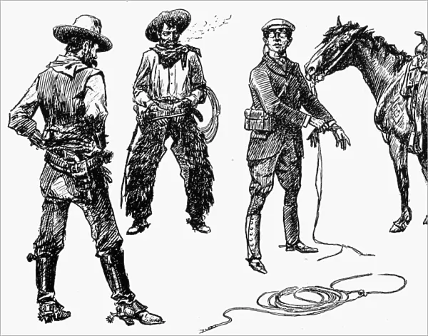 RUSSELL: TENDERFOOT. Initiation of the Tenderfoot. Drawing by Charles M. Russell