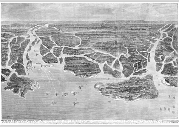 CIVIL WAR: NAVAL FLEET. Birds-eye view of the coast, from Savannah, Georgia, to Beaufort