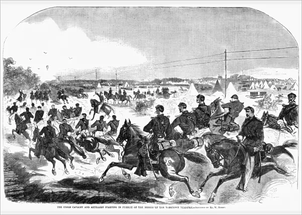 CIVIL WAR: YORKTOWN, 1862. The Union cavalry and artillery starting in pursuit