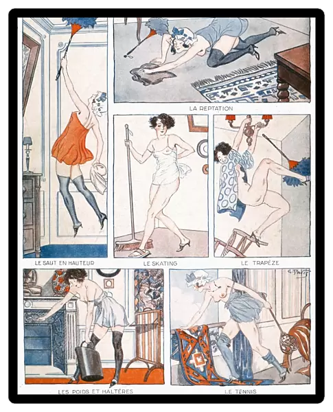 EXERCISE AT HOME, 1921. The benefits of not having a maid and having to do the