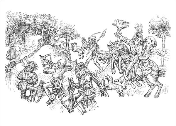 HUNTING, 15th CENTURY. Hunting party. Woodcut, 15th century