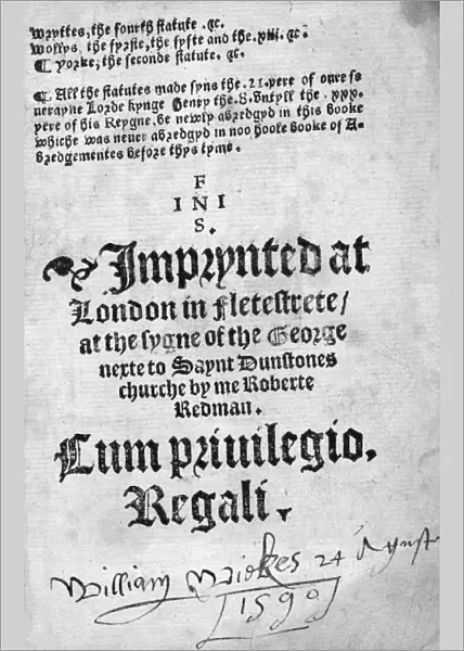 PRINTING: ENGLISH, 1590. Printers page, English, 1590