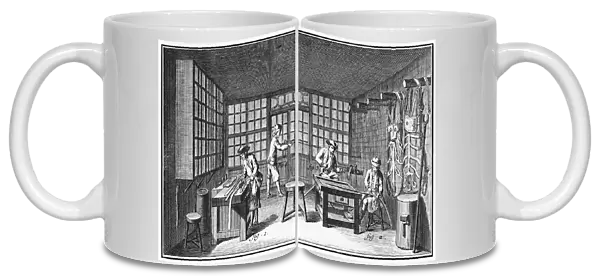 HARNESS-MAKER, 18th CENTURY. A harness-making shop, with workers cutting, punching
