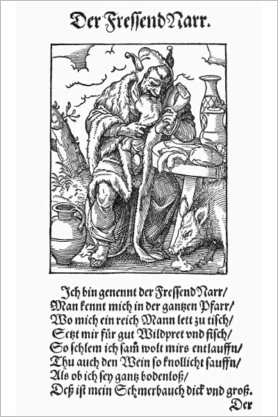 GLUTTON, 1568. The gluttonous fool. Woodcut, 1568, by Jost Amman
