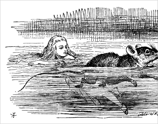 ALICE IN WONDERLAND, 1865. Alice swimming in the pool of her own tears with the Mouse