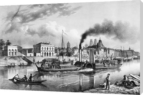 FRANCE: STEAMBOAT, c1840. Arrival of a steamboat at Orleans, France, on the Loire River