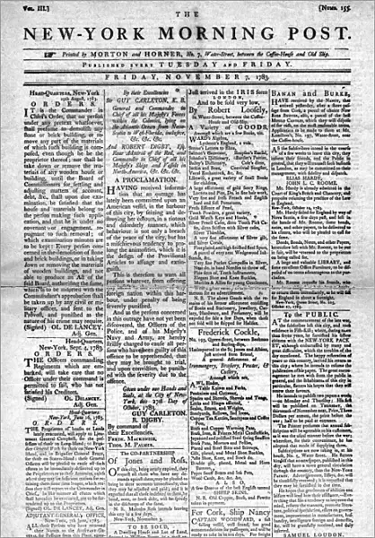 NEW YORK MORNING POST. Front page of the New York Morning Post, 7 November 1783