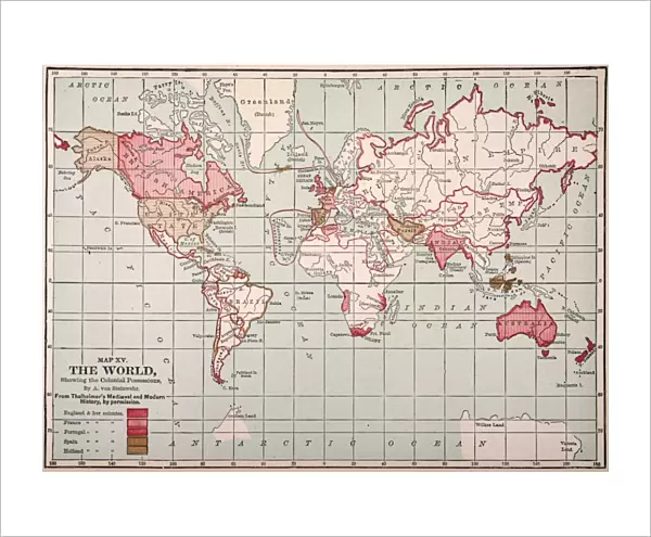 WORLD MAP: COLONIES. World map showing the colonial possessions of England, France