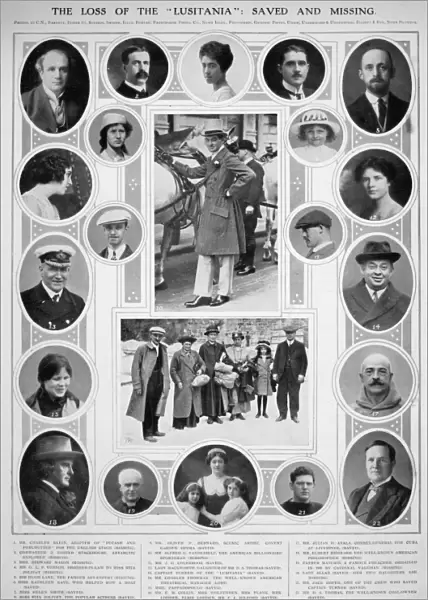 LUSITANIA: PASSENGERS. Prominent passengers, saved and missing, from the Cunard liner Lusitania