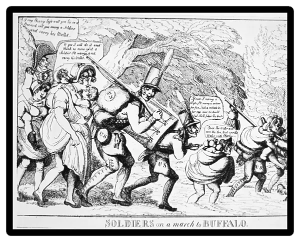 SOLDIER CARTOON, 1813. Soldiers on a march to Buffalo