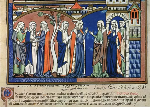 RUTH ACCOMPANYING NAOMI to Bethlemen (Ruth I: 14-19): French ms. illumination, c1250