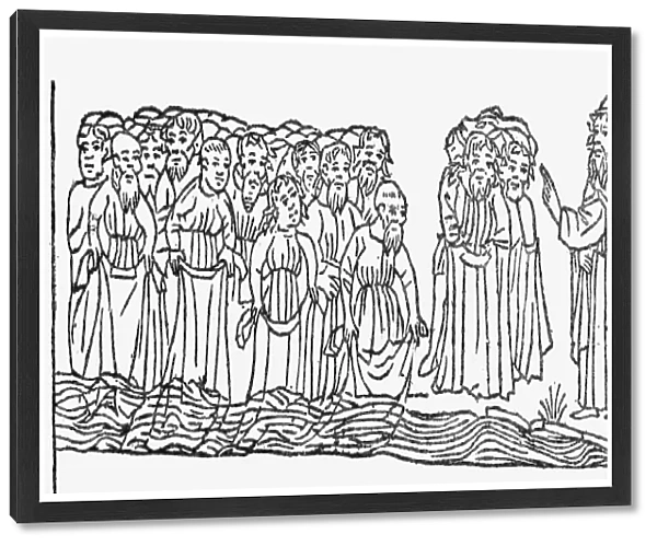 MOSES LEADING ISRAELITES. Moses leads the Israelites across the Red Sea. Woodcut