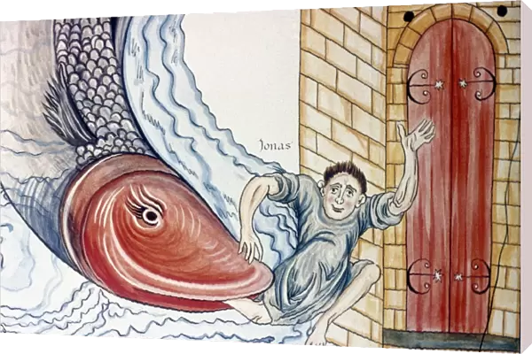 JONAH AND THE WHALE. Manuscript illumination from a Hortus Deliciarum, Alsace