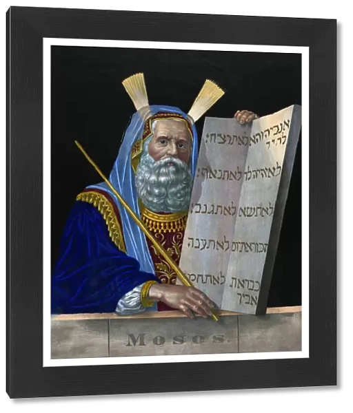 OLD TESTAMENT: MOSES. Portrait of Moses holding the Ten Commandments. Lithograph by Henry Schile