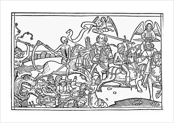 FOUR HORSEMEN. The Four Horsemen of the Apocalypse. Woodcut from the Cologne Bible