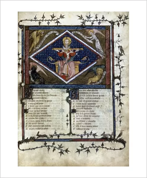 TRINITY. With Evangelist symbols from a mid-14th century French manuscript
