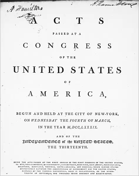 FIRST CONGRESS, 1789. Title page of Alexander Hamiltons copy of Acts Passed at