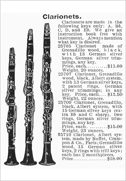 CLARINET ADVERTISEMENT. Advertisement for clarinets from an American catalogue, 1895