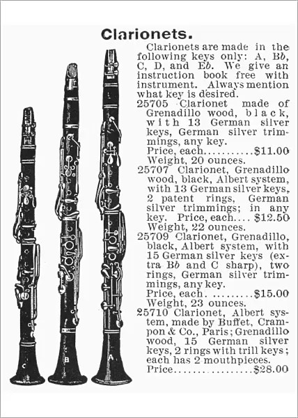 CLARINET ADVERTISEMENT. Advertisement for clarinets from an American catalogue, 1895