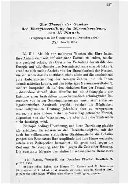 PLANCK: QUANTUM THEORY. The first page of Max Plancks celebrated announcement