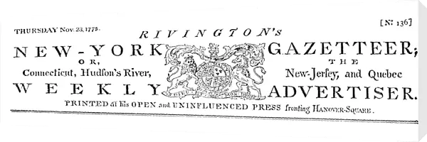 NEW YORK GAZETTEER, 1773. Masthead of Rivingtons New York Gazetteer, the newspaper