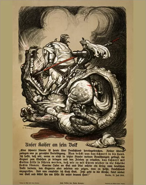 WORLD WAR I: POSTER, 1914. German poster with Saint George slaying the dragon