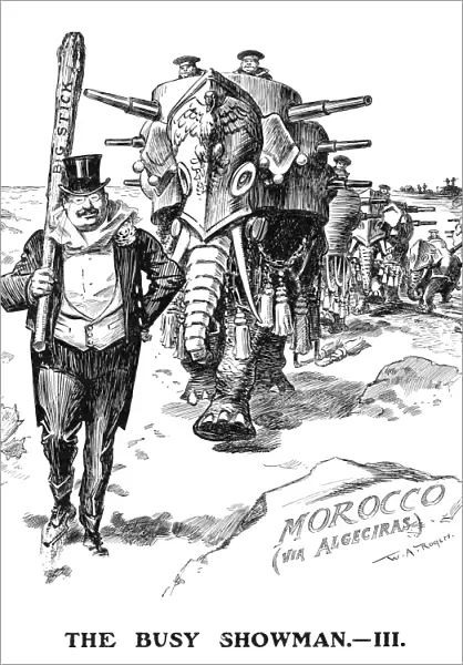 ROOSEVELT CARTOON, 1906. The busy showman. Cartoon about the Algeciras Conference by W