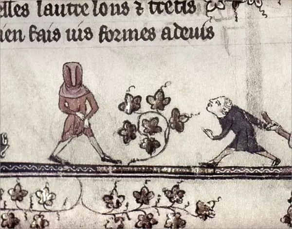 GAME, 14th CENTURY. Two people playing a game similar to Blind Mans Buff