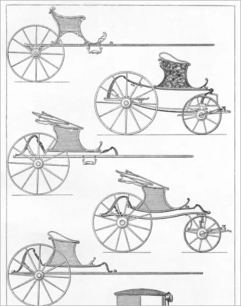 FRANCE: CARRIAGES, c1740. Examples of light carriages from France, c1740. Engraving