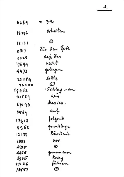 ZIMMERMANN TELEGRAM, 1917. Page 3 of the British decode of the Zimmermann telegram