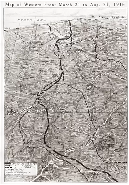 WORLD WAR I: WESTERN FRONT. Map depicting the battle line when the German offensive of March 21