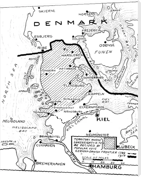 WORLD WAR I: MAP, 1919. The Schleswig territory bordering Denmark and Germany shown