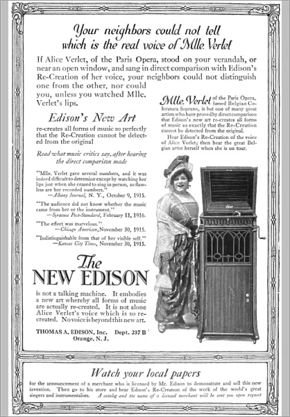 PHONOGRAPH, 1916. Advertisement from an American magazine featuring Belgian soprano