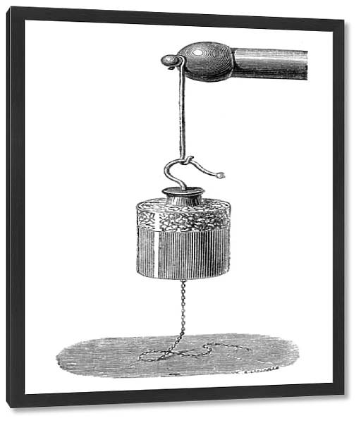 LEYDEN JAR. A Leyden jar connected to an electricity conductor. Engraving, French