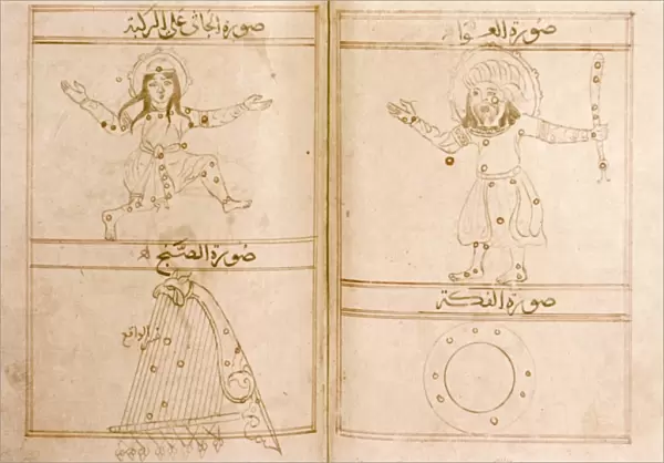 CONSTELLATIONS, 1286. Right: constellations Bootes and Corona Borealis. Left: Hercules and Lyra