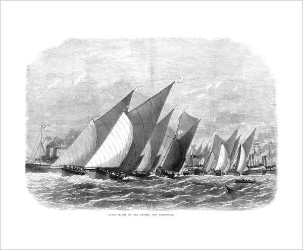 YACHT RACE, 1868. Barge Match on the Thames: Off Greenhithe, England. Wood engraving