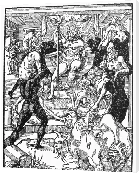 SATANIC COURT, 1549. Satan holding court for newly-annointed witches. Woodcut, French