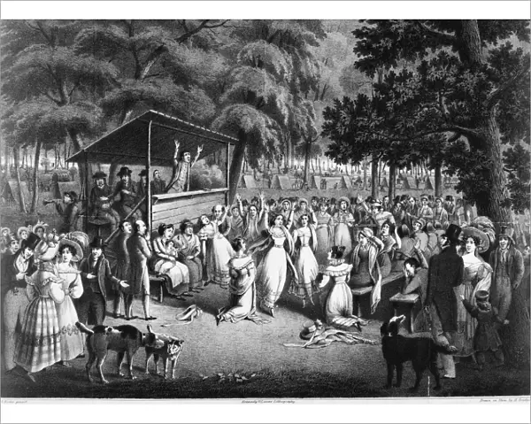 CAMP MEETING, c1830. American lithograph, c1830