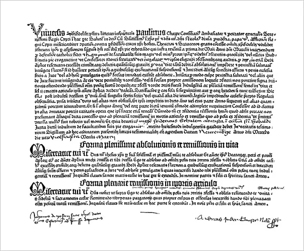LETTER OF INDULGENCE, 1455. A letter of Indulgence (Ablass-brief) printed in 1455