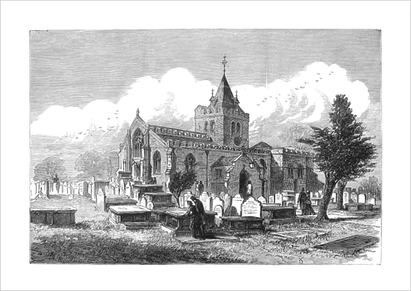 WALES: HAWARDEN CHURCH. Church and cemetery at Hawarden, Wales. Wood engraving, 1840